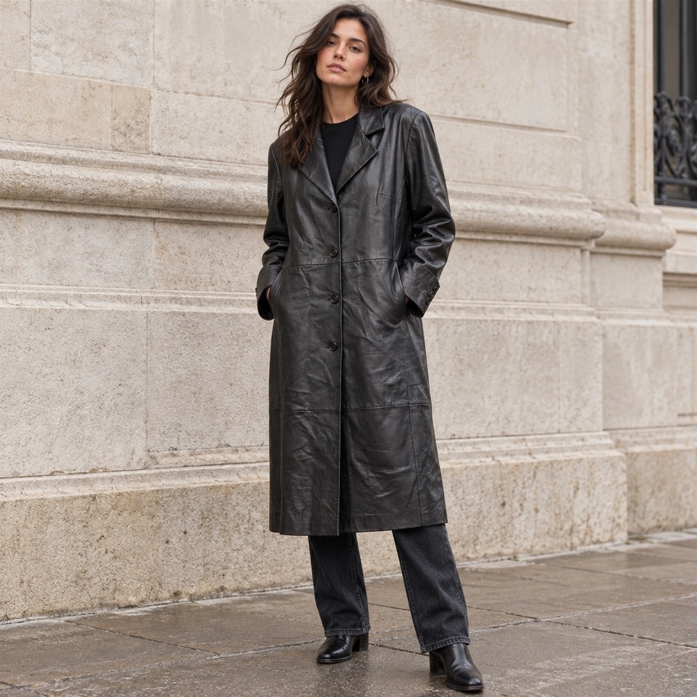 Vintage IZZI Black Leather Long Blazer Coat Midi 90s Y2K Womens Large